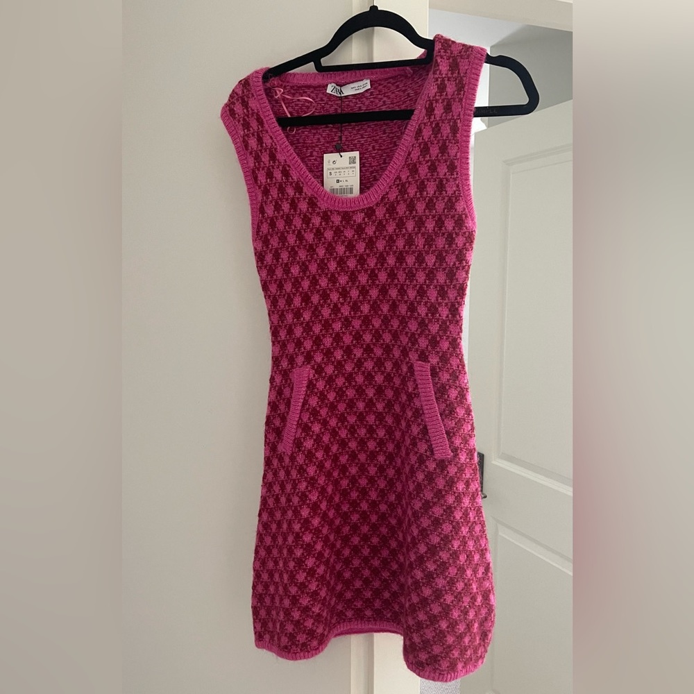 NWT Zara Pink Knit Checkered Mini Dress S